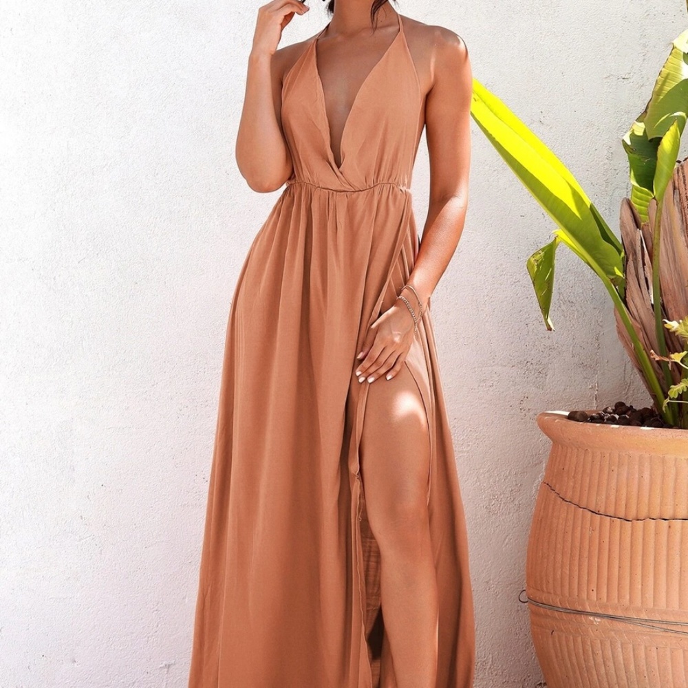 LOVE&LEMONADE Tied Backless Split Thigh Longline Dress
